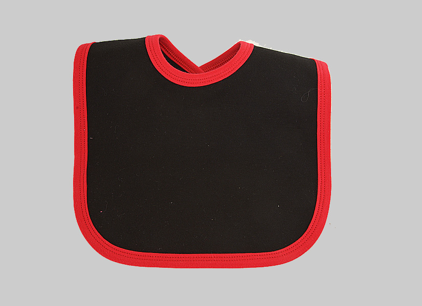 baby bib, bkack with red trims.