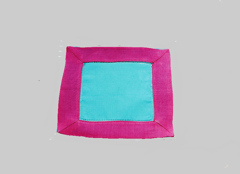 Aqua with Hot Pink Trim. Cocktail Napkin 6x6"